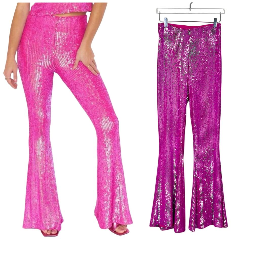 Show Me Your Mumu | Mercury Bells Hot Pink Sequin Pull On Flare Pants Size M
